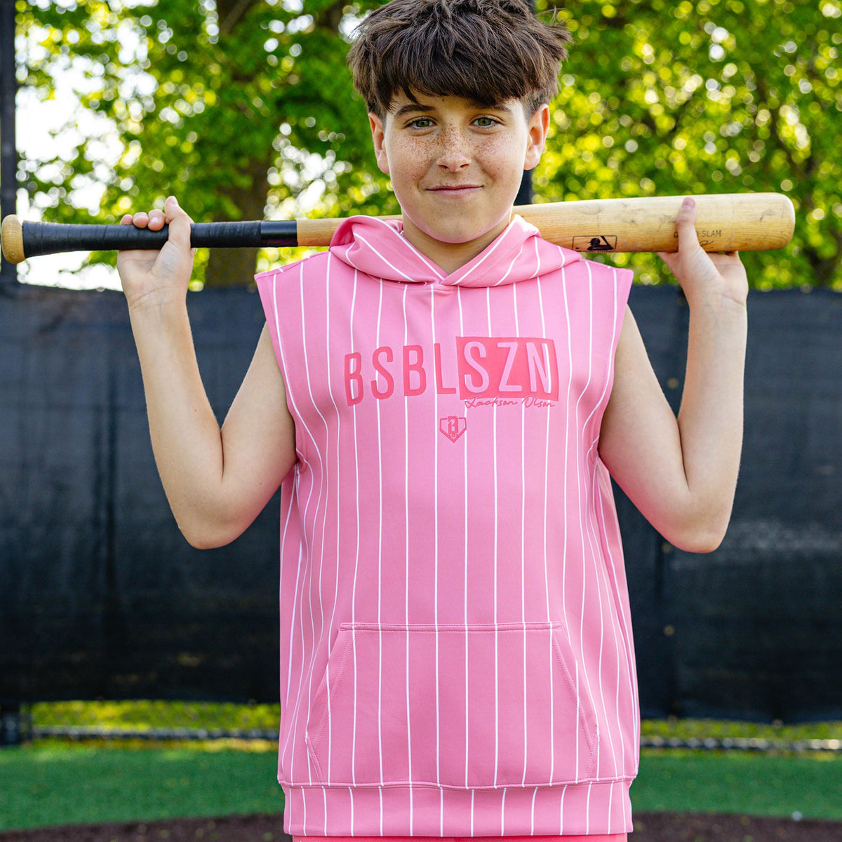 BSBL-SZN Sleeveless Youth Hoodie V3 - Pink Pinstripes