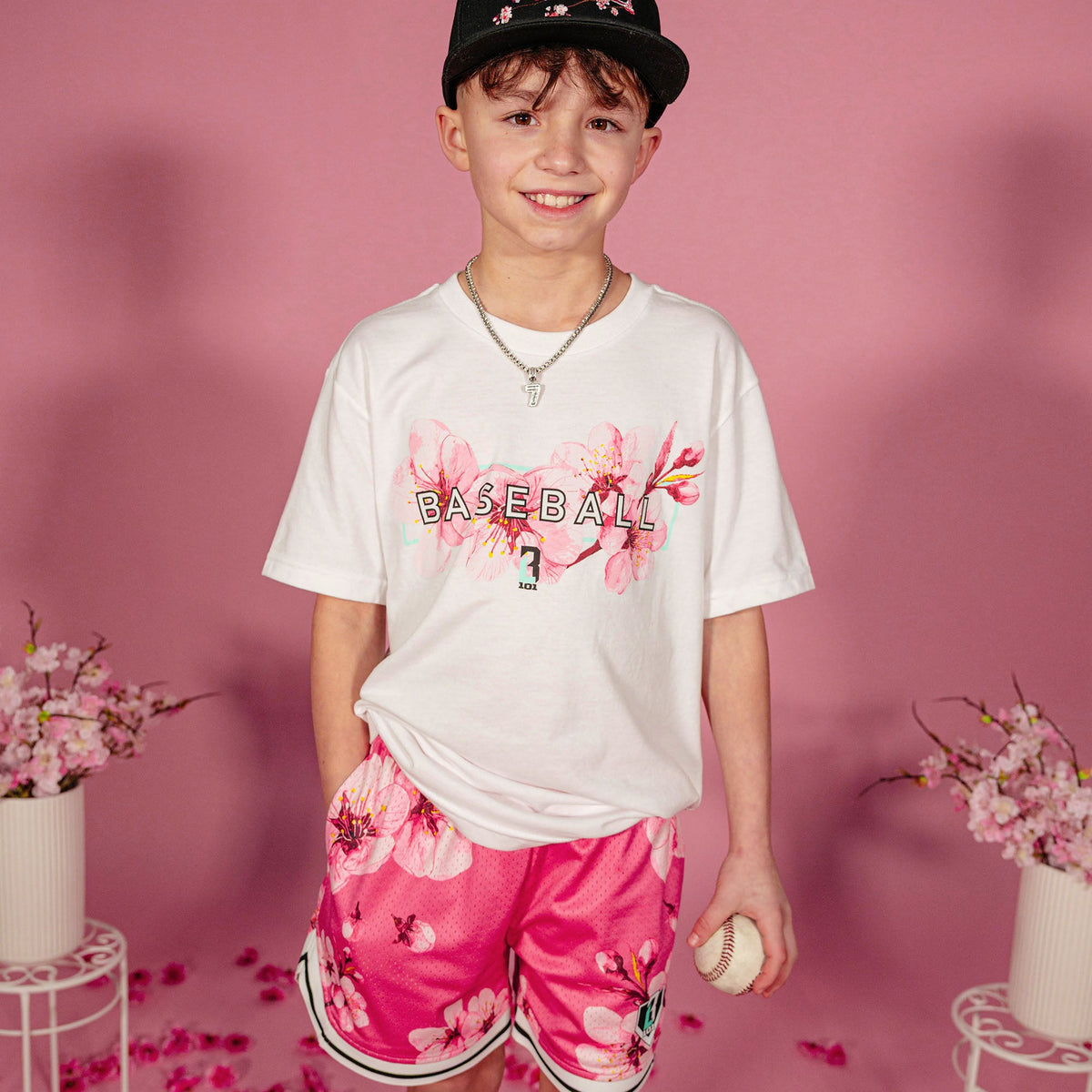 Cherry Blossoms Youth Court Shorts - Pink